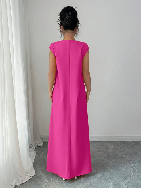 SHEIN Chiquease Women's V-Neck Embroidered Graphic Retro Print Tassel Trim Loose A-Line Maxi Dress