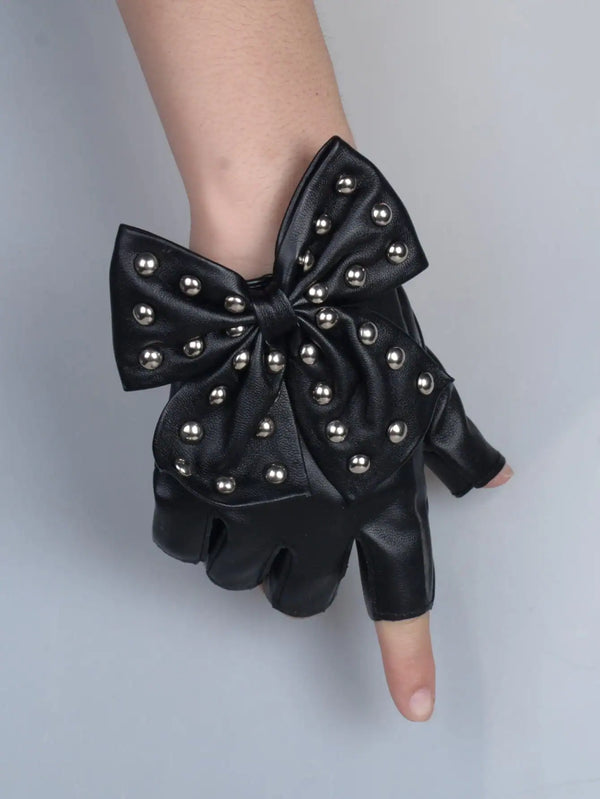 Cute 1pair Black Rivet Bow Decor PU Leather Gloves