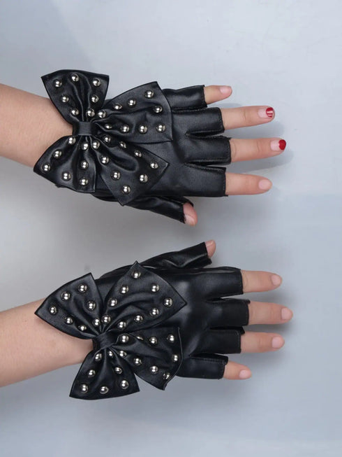 Cute 1pair Black Rivet Bow Decor PU Leather Gloves
