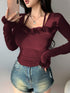DAZY Ballerina Style Furry Decor Fitted Women T-Shirt,Fall Clothes Long Sleeve Women Top