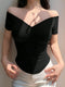 DAZY V-Neck Off Shoulder Fitted Solid Color T-Shirt For Women
