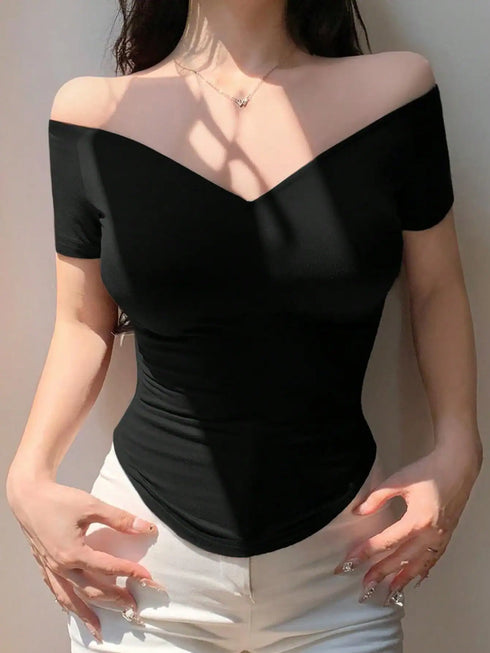 DAZY V-Neck Off Shoulder Fitted Solid Color T-Shirt For Women