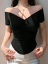 DAZY V-Neck Off Shoulder Fitted Solid Color T-Shirt For Women