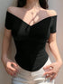 DAZY V-Neck Off Shoulder Fitted Solid Color T-Shirt For Women