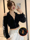 SHEIN DAZY Women Velvet Contrast Color Patchwork Bow Cropped Sweatshirt