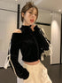 SHEIN DAZY Women Velvet Contrast Color Patchwork Bow Cropped Sweatshirt