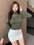 SHEIN Dazy Designer Solid High Neck Mesh Insert Crop Tee Going Out Tops