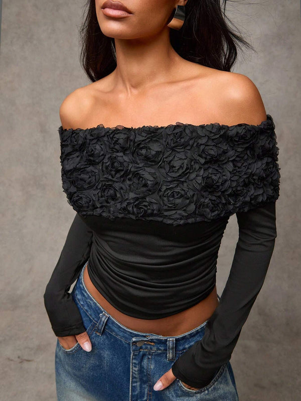 Dimensional Floral Stitching Knitted Top