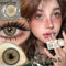 Person wearing lemon brown contact lenses with close-up of lenses and product packaging.