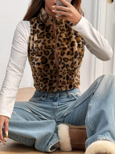 SHEIN EZwear Women's Leopard Print Fleece Zip-Up Sleeveless Jacket