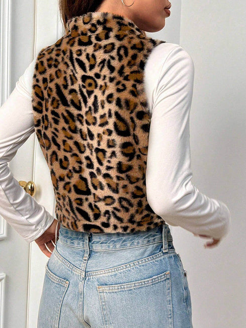 SHEIN EZwear Women's Leopard Print Fleece Zip-Up Sleeveless Jacket