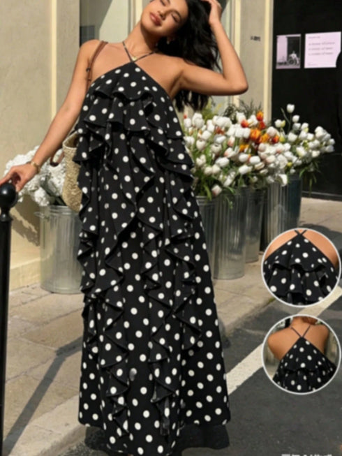 SHEIN Elegant & SexyPolka Dot Strap Long Dress For Women, Boho Chic Ruffle Halter Dress For Summer Beach Vacation Holiday Daily Wear