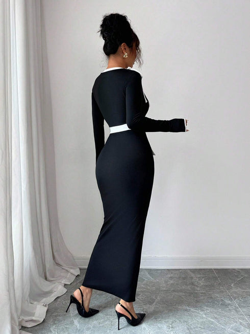 Elenzga Women's Contrast Color Long Sleeve Dress