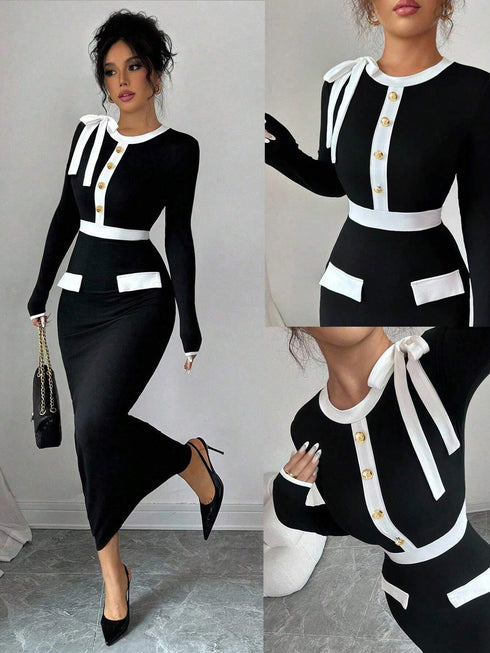 Elenzga Women's Contrast Color Long Sleeve Dress