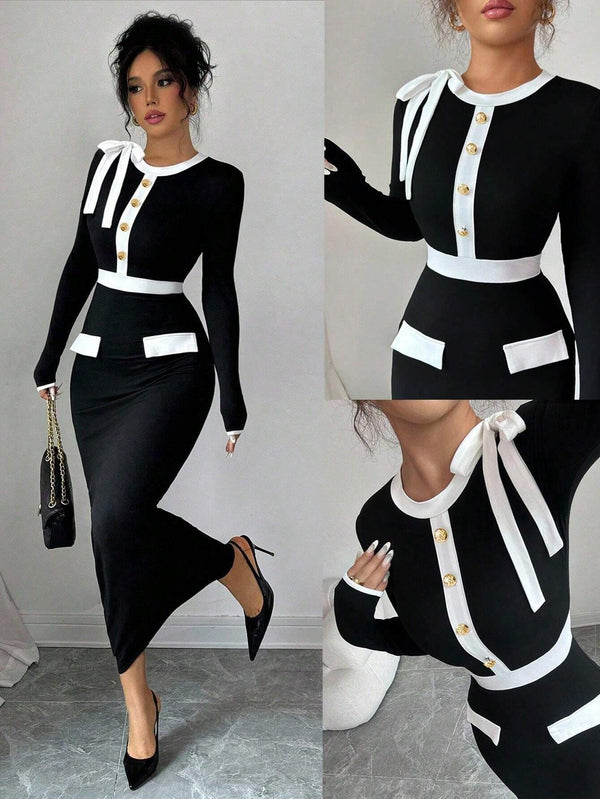 Elenzga Women's Contrast Color Long Sleeve Dress