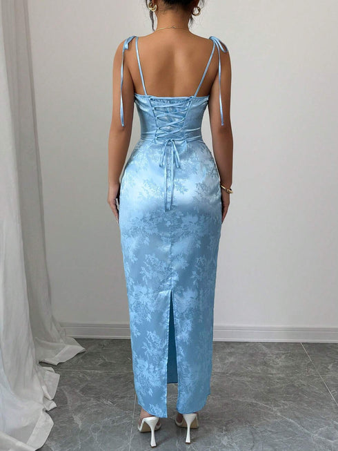 Elenzga 2025 Summer Elegant Sexy Strappy Jacquard Split Hem Slip Dress