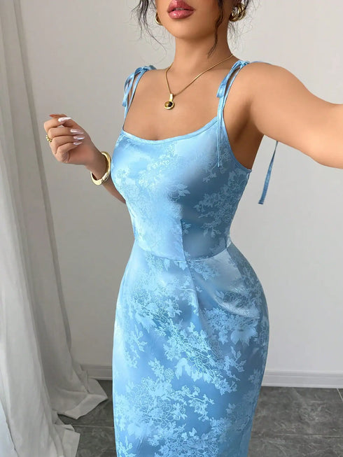 Elenzga 2025 Summer Elegant Sexy Strappy Jacquard Split Hem Slip Dress