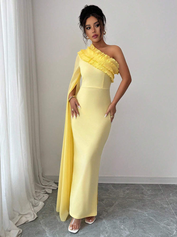 SHEIN Elenzga Cream Yellow Asymmetric Ruffled Dress