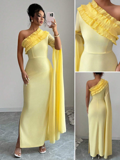 SHEIN Elenzga Cream Yellow Asymmetric Ruffled Dress