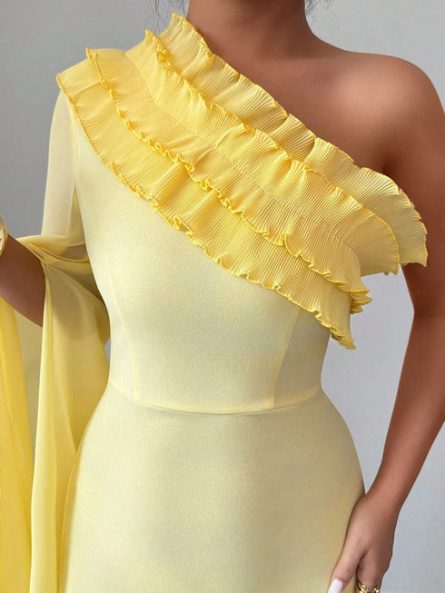 SHEIN Elenzga Cream Yellow Asymmetric Ruffled Dress