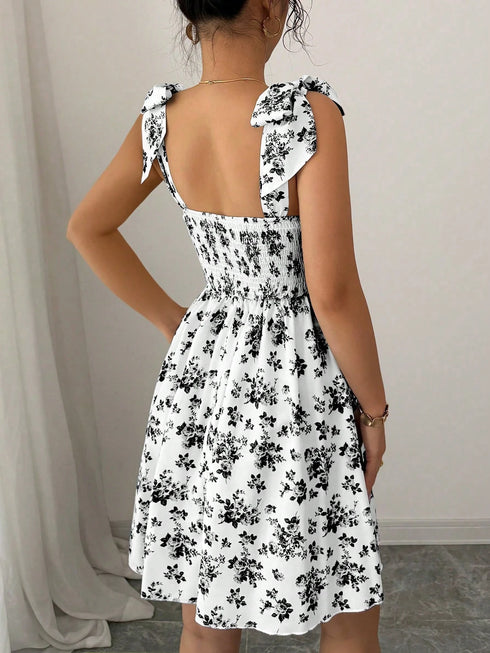 SHEIN Elenzga Cute White Floral Summer Date Dress, New Ditsy Floral Shoulder Tie Cinched Waist A-Line Dress, Elegant Casual Vacation Flattering Silhouette Tea Party