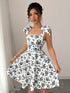 SHEIN Elenzga Cute White Floral Summer Date Dress, New Ditsy Floral Shoulder Tie Cinched Waist A-Line Dress, Elegant Casual Vacation Flattering Silhouette Tea Party