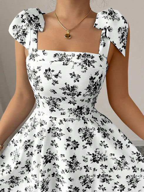 SHEIN Elenzga Cute White Floral Summer Date Dress, New Ditsy Floral Shoulder Tie Cinched Waist A-Line Dress, Elegant Casual Vacation Flattering Silhouette Tea Party