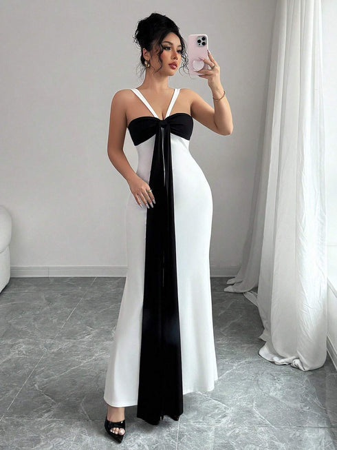 SHEIN Elegant Black And White Color Block Design Dress