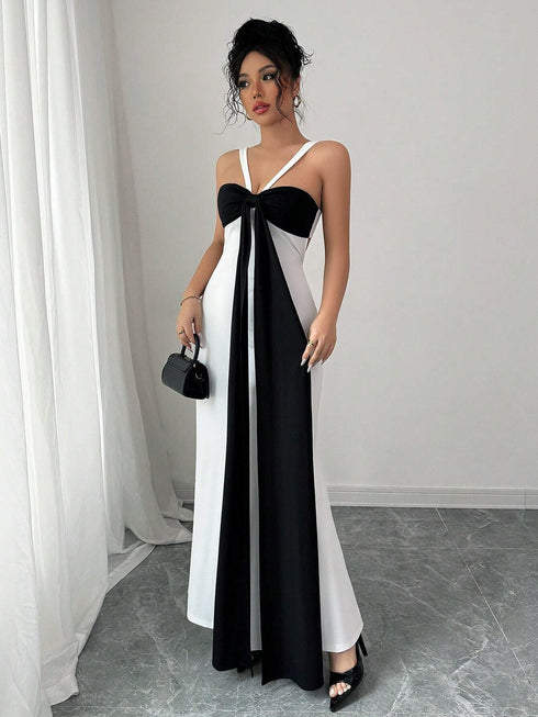 SHEIN Elegant Black And White Color Block Design Dress