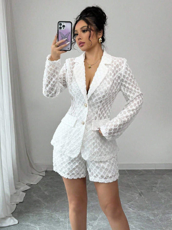 SHEIN Elenzga Plaid Jacquard Solid Color Casual Elegant Suit Jacket & Shorts