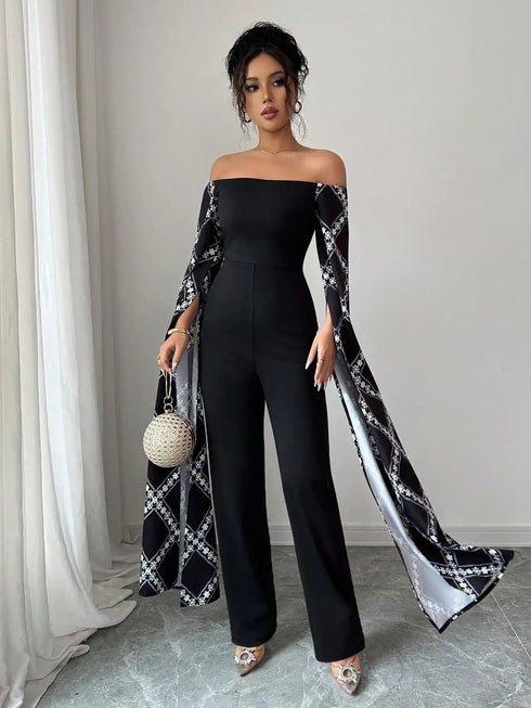 SHEIN Elenzga Printed Oversized Plaid Pattern Black Slim Fit Jumpsuit