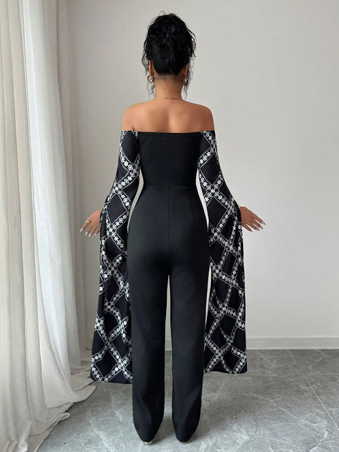 SHEIN Elenzga Printed Oversized Plaid Pattern Black Slim Fit Jumpsuit