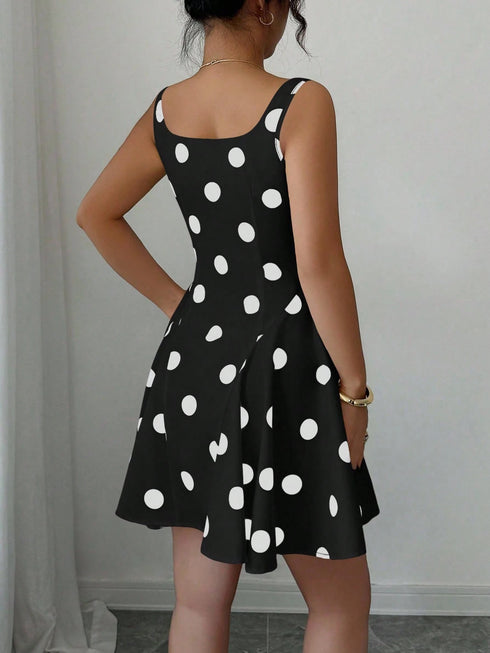 SHEIN Elenzga Square Neck Black Polka Dot Elegant Short Dress