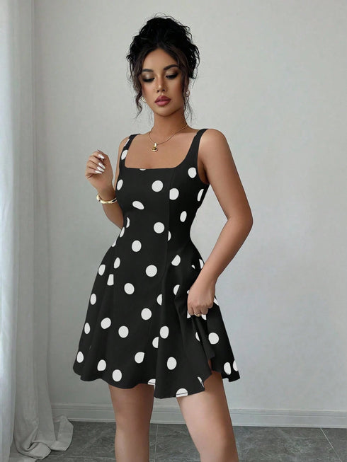 SHEIN Elenzga Square Neck Black Polka Dot Elegant Short Dress