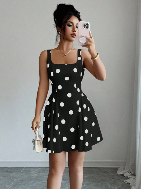 SHEIN Elenzga Square Neck Black Polka Dot Elegant Short Dress