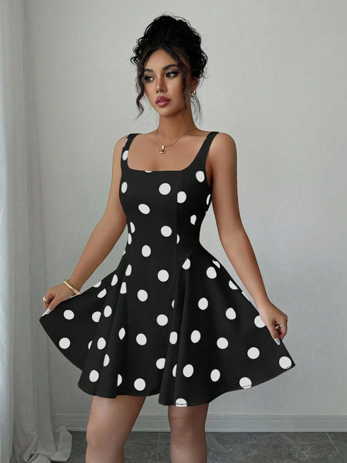 SHEIN Elenzga Square Neck Black Polka Dot Elegant Short Dress