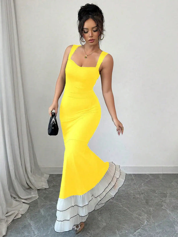 SHEIN Elenzga Women's Colorblock Mermaid Hem Fitted Elegant Camisole Dress