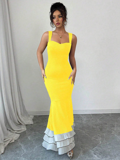 SHEIN Elenzga Women's Colorblock Mermaid Hem Fitted Elegant Camisole Dress