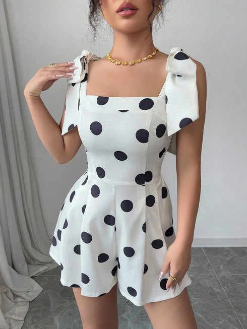 SHEIN Elenzga Women's Elegant Polka Dot Self-Tie Waist A-Line Jumpsuit