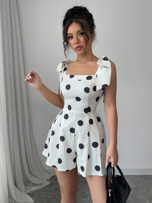 SHEIN Elenzga Women's Elegant Polka Dot Self-Tie Waist A-Line Jumpsuit