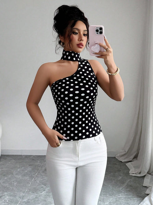 SHEIN Elenzga بلوزة نسائية منقطة مطبوعة بتصميم مجوف وقصة ضيقة