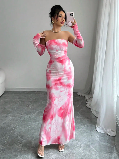 SHEIN Women's New Sexy Strapless Rose Ruched Mesh Dress