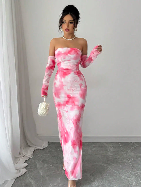 SHEIN Women's New Sexy Strapless Rose Ruched Mesh Dress