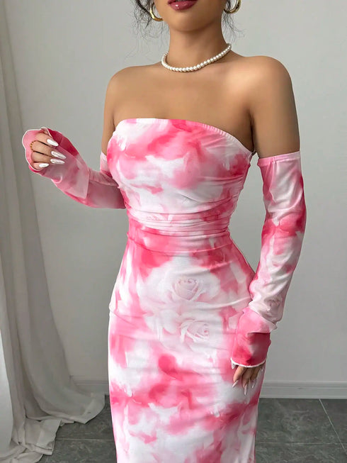 SHEIN Women's New Sexy Strapless Rose Ruched Mesh Dress