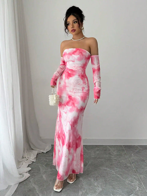 SHEIN Women's New Sexy Strapless Rose Ruched Mesh Dress