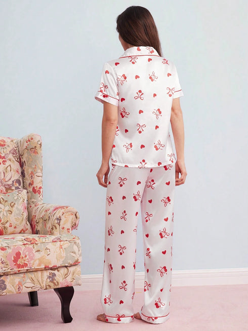 SHEIN Elorette Bowknot & Cherry Print Lapel Cardigan Women Sleepwear Set, Women Nighty