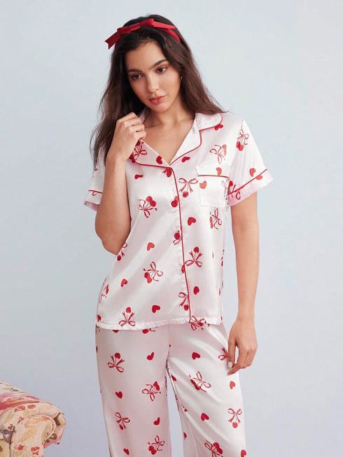 SHEIN Elorette Bowknot & Cherry Print Lapel Cardigan Women Sleepwear Set, Women Nighty