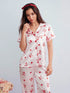 SHEIN Elorette Bowknot & Cherry Print Lapel Cardigan Women Sleepwear Set, Women Nighty