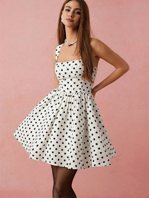 SHEIN Enchnt Summer Women's White With Black Polka Dots Square Neck Sleeveless 90s Retro Cute Party Dress,Elegant Graduation Birthday Vacation Short Dress