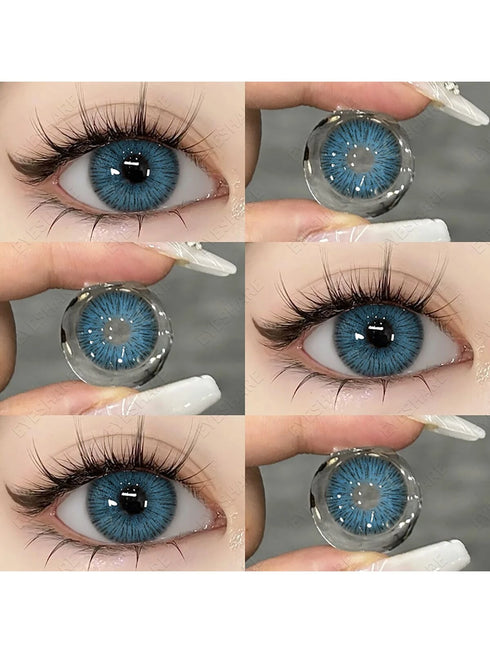 Collage of blue contact lenses being worn and held up to show color and clarity.